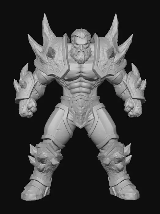 3D model for A powerful and muscular berserker stands in an epic, wide stance, exuding raw strength. His stylized armor, crafted from a gleaming titanium and rough obsidian alloy, covers his broad physique. Massive, sharply pointed obsidian spikes erupt from the pauldrons, gauntlets, and greaves, contrasting with the smooth, dark grey titanium plates. The obsidian areas possess a jagged, almost volcanic texture, while the titanium has a subtle metallic sheen. His expression is one of grim determination.