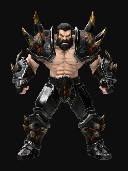 3D model for A powerful and muscular berserker stands in an epic, wide stance, exuding raw strength. His stylized armor, crafted from a gleaming titanium and rough obsidian alloy, covers his broad physique. Massive, sharply pointed obsidian spikes erupt from the pauldrons, gauntlets, and greaves, contrasting with the smooth, dark grey titanium plates. The obsidian areas possess a jagged, almost volcanic texture, while the titanium has a subtle metallic sheen. His expression is one of grim determination.