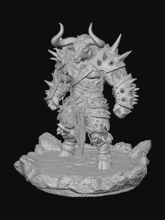 3D model for A massive humanoid Bull marauder with massive horns on his head. Wearing ragged-cloth garments and his armor has large metallic spikes. Epic stance, full body image, fantasy theme, stylized, polished, highly detailed