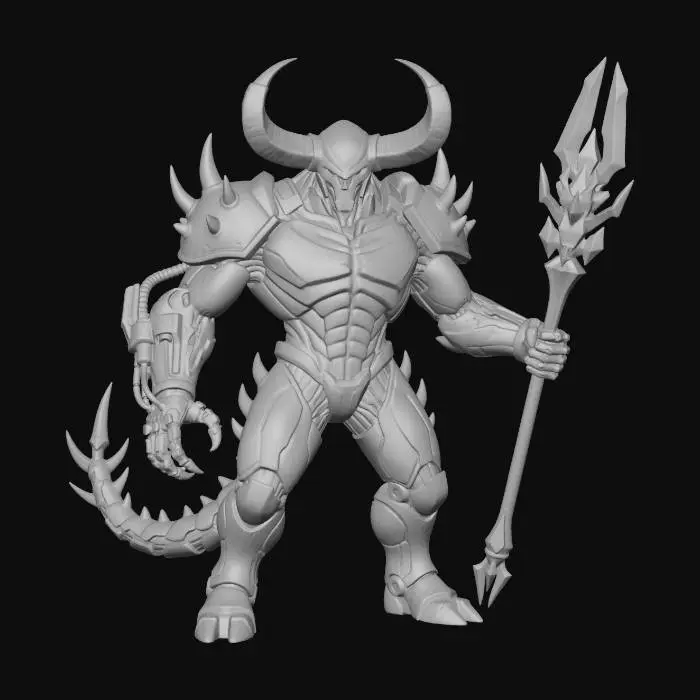 3D model for A Chrome based, massive horned Galactic Behemoth Diety (beastform) with patches of red plasma on its body. It is a doombringer in various worlds and spaces. Eternally powerful and dominant. Large spikes decorate its large and massive body. It has cybernetic parts of unknown technology. It is the embodiment of fear and power. Fantasy/sci-fi, game-ready, Unreal Engine 5, stylized, highly detailed. Full body image