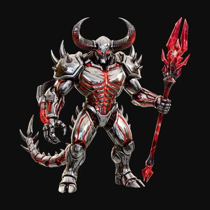 3D model for A Chrome based, massive horned Galactic Behemoth Diety (beastform) with patches of red plasma on its body. It is a doombringer in various worlds and spaces. Eternally powerful and dominant. Large spikes decorate its large and massive body. It has cybernetic parts of unknown technology. It is the embodiment of fear and power. Fantasy/sci-fi, game-ready, Unreal Engine 5, stylized, highly detailed. Full body image
