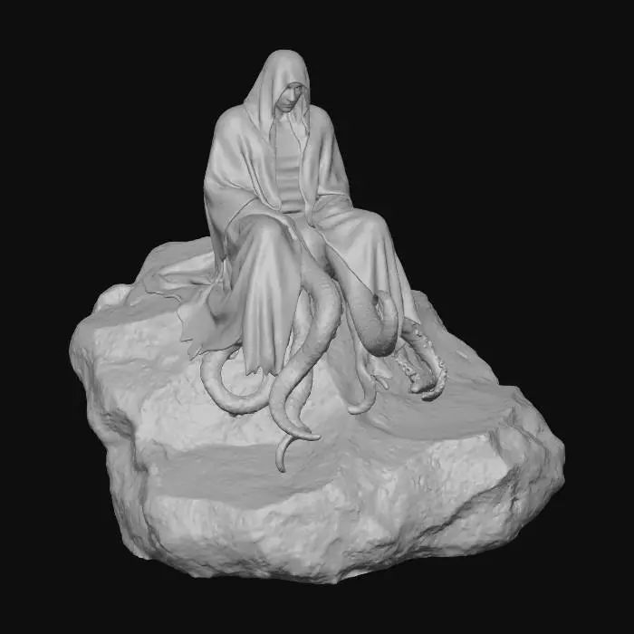 3D model for A cosmic humanoid creature, its form vaguely octopoid, cloaked in heavy, dark robes that billow subtly. Long, sinuous tentacles serve as its limbs, coiling gently as it sits upon a jagged obsidian bedrock, its surface gleaming with a wet, volcanic sheen. The creature's dark fabric is adorned with an array of luminous teal mystic symbols, pulsating softly, casting an ethereal glow that hints at its cryptic and otherworldly nature, emerging from a deep void. Full body image