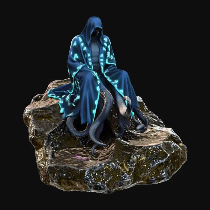 3D model for A cosmic humanoid creature, its form vaguely octopoid, cloaked in heavy, dark robes that billow subtly. Long, sinuous tentacles serve as its limbs, coiling gently as it sits upon a jagged obsidian bedrock, its surface gleaming with a wet, volcanic sheen. The creature's dark fabric is adorned with an array of luminous teal mystic symbols, pulsating softly, casting an ethereal glow that hints at its cryptic and otherworldly nature, emerging from a deep void. Full body image