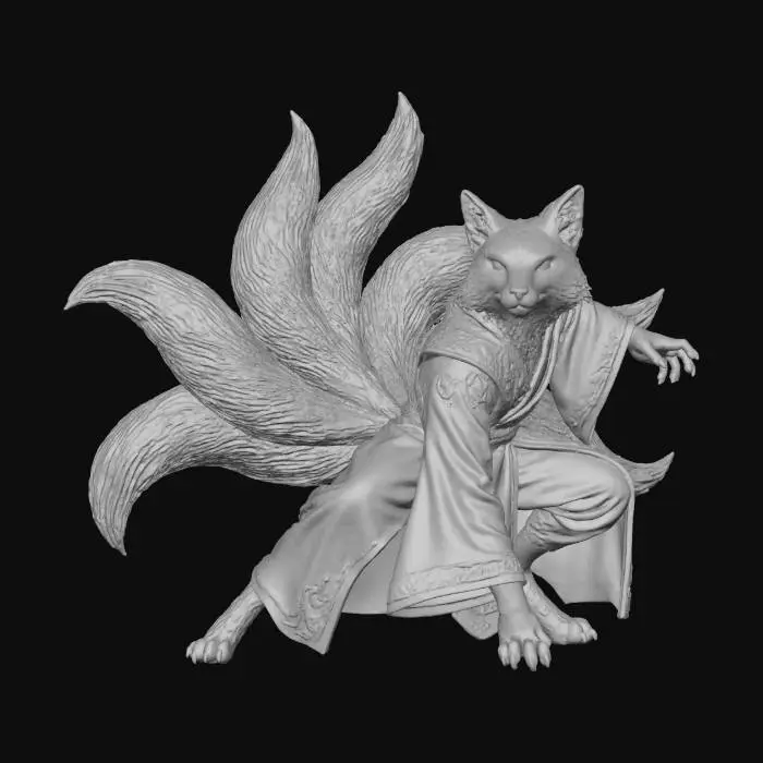 3D model for A majestic male anthro fox with nine lush, cream-colored tails, each tipped with a darker shade, stands game-ready stance. His dense fur, meticulously rendered for a game engine, has a soft, velvety texture that catches the light. He is adorned in flowing, cryptic teal cloth garments, which shimmer with an internal glow, intricately embroidered with an unknown, ancient language pattern that pulsates subtly. The creature exudes a highly detailed, polished fantasy aesthetic. Full body image