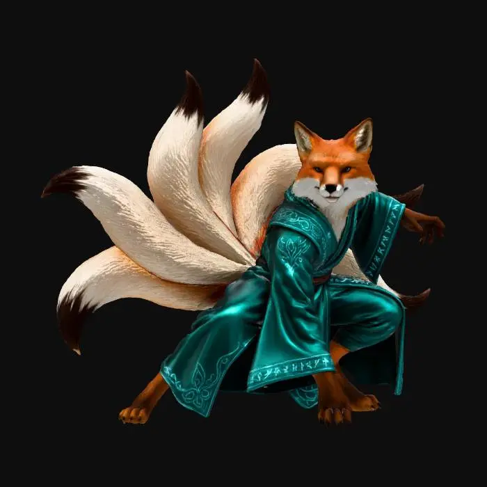 3D model for A majestic male anthro fox with nine lush, cream-colored tails, each tipped with a darker shade, stands game-ready stance. His dense fur, meticulously rendered for a game engine, has a soft, velvety texture that catches the light. He is adorned in flowing, cryptic teal cloth garments, which shimmer with an internal glow, intricately embroidered with an unknown, ancient language pattern that pulsates subtly. The creature exudes a highly detailed, polished fantasy aesthetic. Full body image