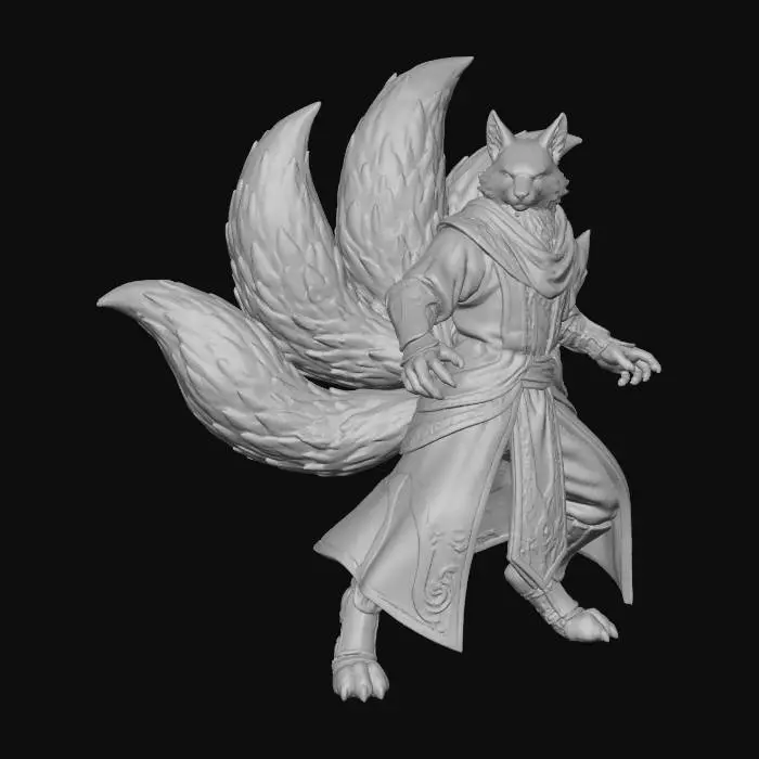 3D model for A majestic male anthro fox with nine lush, cream-colored tails, each tipped with a darker shade, stands in an epic, game-ready stance. His dense fur, meticulously rendered for a game engine, has a soft, velvety texture that catches the light. He is adorned in flowing, cryptic teal cloth garments, which shimmer with an internal glow, intricately embroidered with an unknown, ancient language pattern that pulsates subtly. The creature exudes a highly detailed, polished fantasy aesthetic, ready for a heroic narrative. Full body image