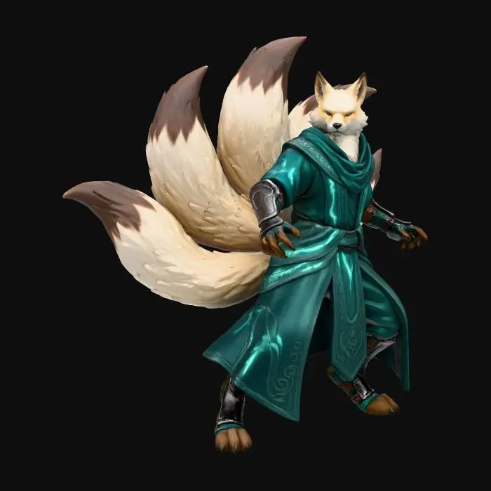 3D model for A majestic male anthro fox with nine lush, cream-colored tails, each tipped with a darker shade, stands in an epic, game-ready stance. His dense fur, meticulously rendered for a game engine, has a soft, velvety texture that catches the light. He is adorned in flowing, cryptic teal cloth garments, which shimmer with an internal glow, intricately embroidered with an unknown, ancient language pattern that pulsates subtly. The creature exudes a highly detailed, polished fantasy aesthetic, ready for a heroic narrative. Full body image