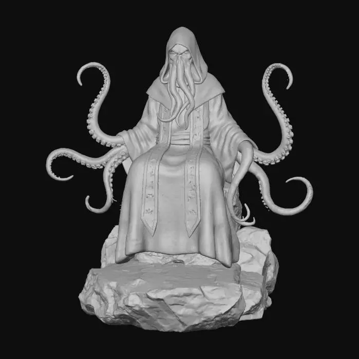 3D model for A cosmic humanoid creature, its form vaguely octopoid, cloaked in heavy, dark robes that billow subtly. Long, sinuous tentacles serve as its limbs, coiling gently as it sits upon a jagged obsidian bedrock, its surface gleaming with a wet, volcanic sheen. The creature's dark fabric is adorned with an array of luminous teal mystic symbols, pulsating softly, casting an ethereal glow that hints at its cryptic and otherworldly nature, emerging from a deep void. Full body image