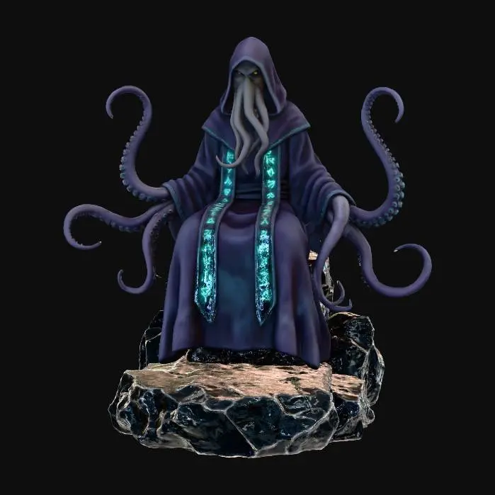 3D model for A cosmic humanoid creature, its form vaguely octopoid, cloaked in heavy, dark robes that billow subtly. Long, sinuous tentacles serve as its limbs, coiling gently as it sits upon a jagged obsidian bedrock, its surface gleaming with a wet, volcanic sheen. The creature's dark fabric is adorned with an array of luminous teal mystic symbols, pulsating softly, casting an ethereal glow that hints at its cryptic and otherworldly nature, emerging from a deep void. Full body image