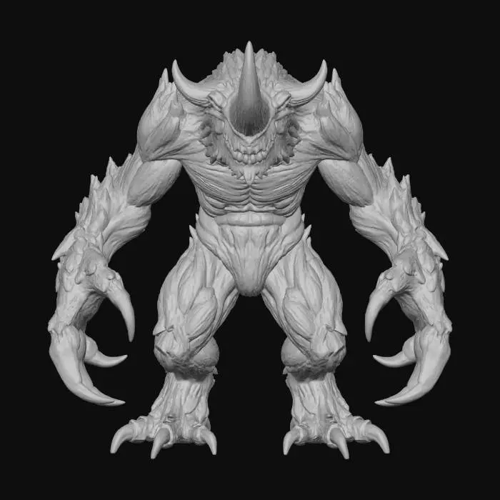 3D model for A prehistoric terror with skin like ancient, petrified wood, featuring a rough, bark-like texture in shades of deep brown and faded green. Its gargantuan hands bear colossal, serrated claws of a dull, rusted iron hue. Immense, sinewy legs, thick as tree trunks, showcase incredible power and stability. A massive, ivory-colored horn, blunt yet imposing, rises from its crown, exhibiting a fibrous, organic texture.