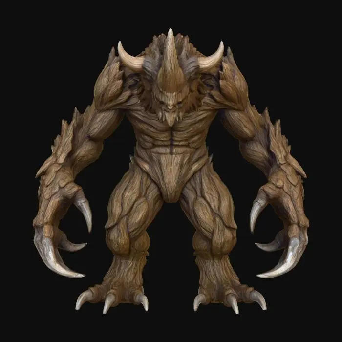3D model for A prehistoric terror with skin like ancient, petrified wood, featuring a rough, bark-like texture in shades of deep brown and faded green. Its gargantuan hands bear colossal, serrated claws of a dull, rusted iron hue. Immense, sinewy legs, thick as tree trunks, showcase incredible power and stability. A massive, ivory-colored horn, blunt yet imposing, rises from its crown, exhibiting a fibrous, organic texture.