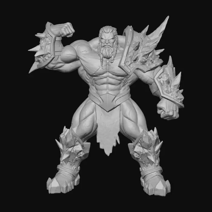 3D model for A powerful and muscular berserker stands in an epic, wide stance, exuding raw strength. His stylized armor, crafted from a gleaming titanium and rough obsidian alloy, covers his broad physique. Massive, sharply pointed obsidian spikes erupt from the pauldrons, gauntlets, and greaves, contrasting with the smooth, dark grey titanium plates. The obsidian areas possess a jagged, almost volcanic texture, while the titanium has a subtle metallic sheen. His expression is one of grim determination.