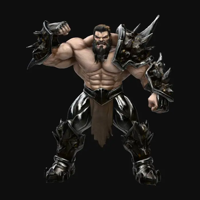 3D model for A powerful and muscular berserker stands in an epic, wide stance, exuding raw strength. His stylized armor, crafted from a gleaming titanium and rough obsidian alloy, covers his broad physique. Massive, sharply pointed obsidian spikes erupt from the pauldrons, gauntlets, and greaves, contrasting with the smooth, dark grey titanium plates. The obsidian areas possess a jagged, almost volcanic texture, while the titanium has a subtle metallic sheen. His expression is one of grim determination.