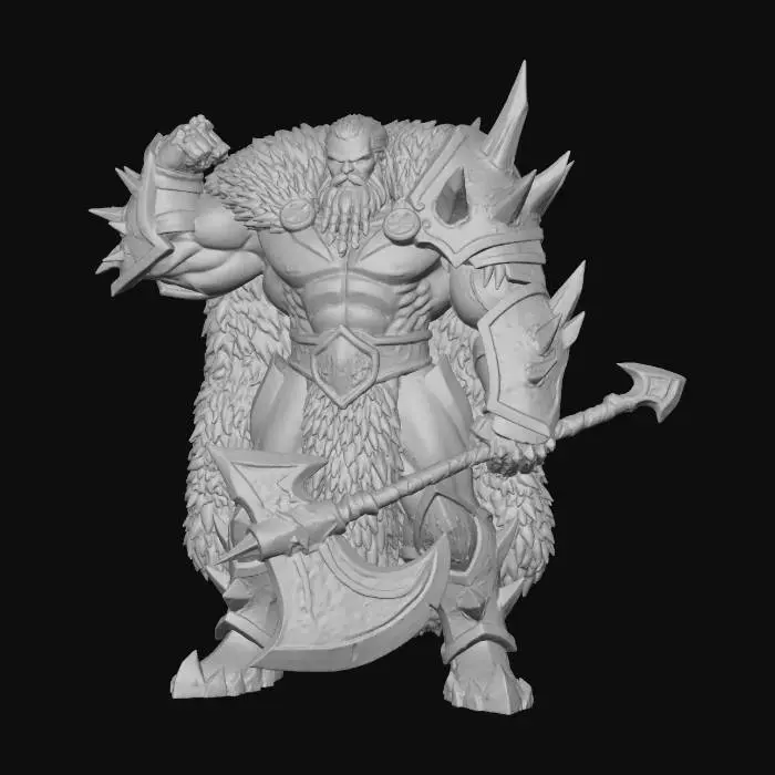3D model for A powerful and muscular berserker stands in an epic, wide stance, exuding raw strength. His stylized armor, crafted from a gleaming titanium and rough obsidian alloy, covers his broad physique. Massive, sharply pointed obsidian spikes erupt from the pauldrons, gauntlets, and greaves, contrasting with the smooth, dark grey titanium plates. The obsidian areas possess a jagged, almost volcanic texture, while the titanium has a subtle metallic sheen. His expression is one of grim determination.