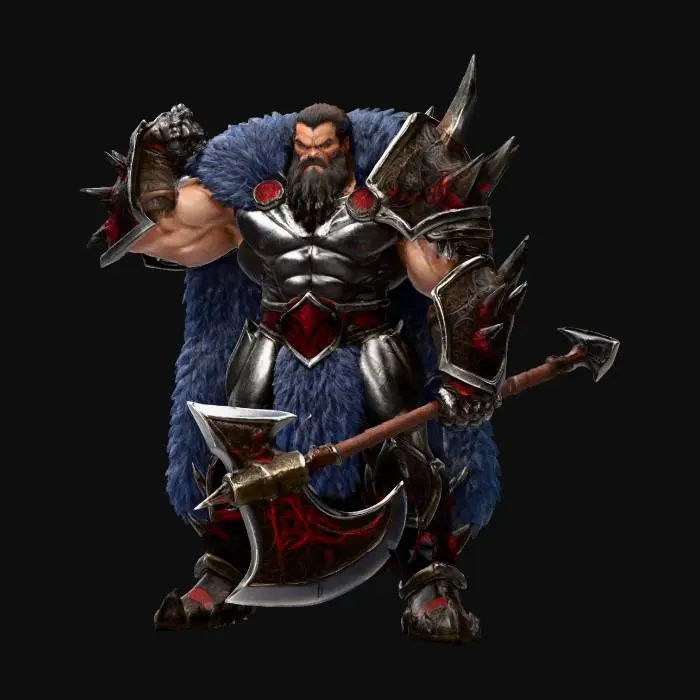 3D model for A powerful and muscular berserker stands in an epic, wide stance, exuding raw strength. His stylized armor, crafted from a gleaming titanium and rough obsidian alloy, covers his broad physique. Massive, sharply pointed obsidian spikes erupt from the pauldrons, gauntlets, and greaves, contrasting with the smooth, dark grey titanium plates. The obsidian areas possess a jagged, almost volcanic texture, while the titanium has a subtle metallic sheen. His expression is one of grim determination.