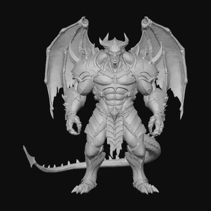 3D model for A massive and muscular male humanoid gargoyle with a muscular long tail, wearing spiky metallic-stone armor and gear. His skin is smooth gray-blue and his armor is a stoney-metallic gray tone. Dark fantasy, hyper-realistic, highly detailed, stylized, full body image