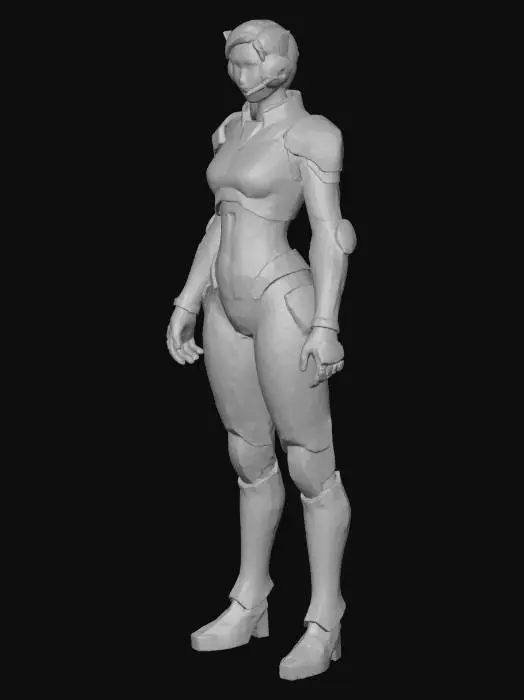 3D model for In a sleek sci-fi command center, a young woman in advanced armor stands confidently, her gentle smile and warm expression drawing the viewer’s attention. She sports a high-tech communication headset and detailed armor with glowing teal accents, while the control room's blurred backdrop enhances her commanding presence.