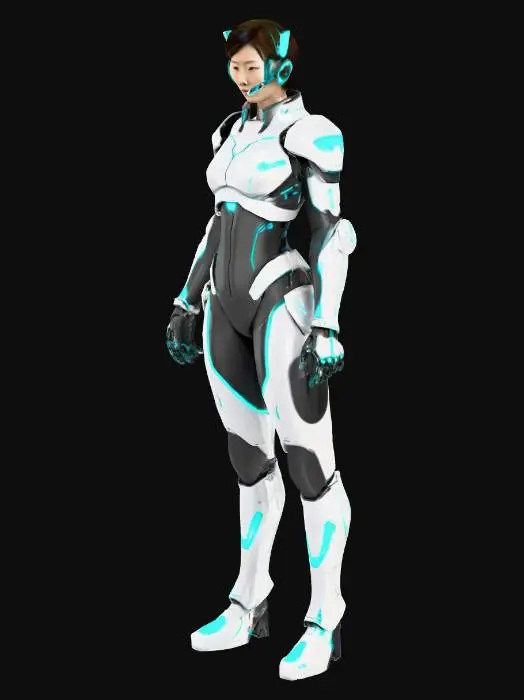 3D model for In a sleek sci-fi command center, a young woman in advanced armor stands confidently, her gentle smile and warm expression drawing the viewer’s attention. She sports a high-tech communication headset and detailed armor with glowing teal accents, while the control room's blurred backdrop enhances her commanding presence.
