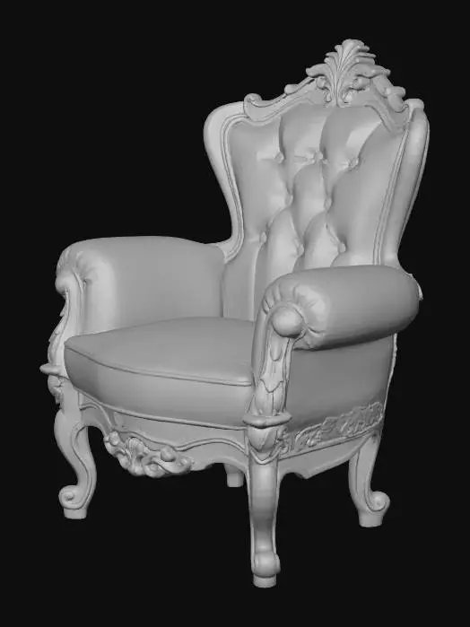 3D model for "Luxury Louis XVI chair, velvet upholstery, gold leaf wood trim, studio lighting, white background."
