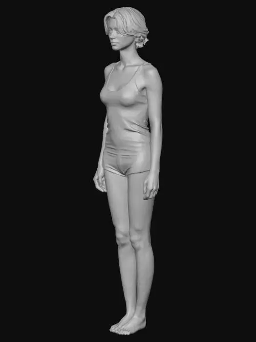 3D model for Young woman, pretty, athletic body, hourglass-shaped body, long limbs, ultra detailed body, high detailed face, high definition, defined eyes, hard edges, angular, sharp, defined, short hair, her face is realistic. 
small tank top with one falling strap, small shorts, no shoes, no socks, on tiptoe,