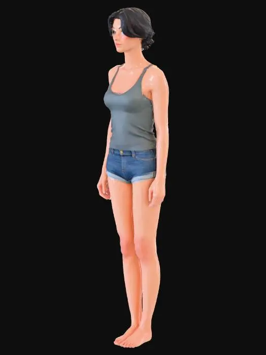3D model for Young woman, pretty, athletic body, hourglass-shaped body, long limbs, ultra detailed body, high detailed face, high definition, defined eyes, hard edges, angular, sharp, defined, short hair, her face is realistic. 
small tank top with one falling strap, small shorts, no shoes, no socks, on tiptoe,