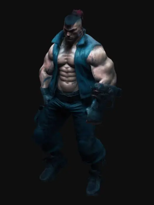 3D model for cyberpunk style, muscular street fighter, full body, fists, hands aside the body, 