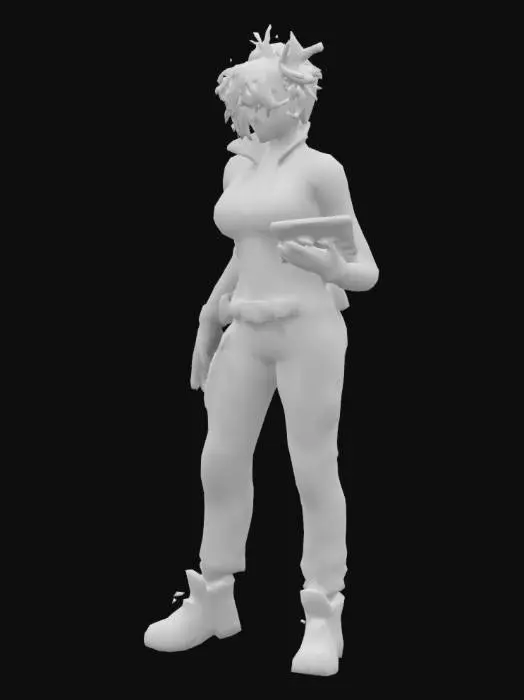 3D model for cyberpunk style, female, black fixer in neon suit with tablet on the forearm, full body, hands along the body,