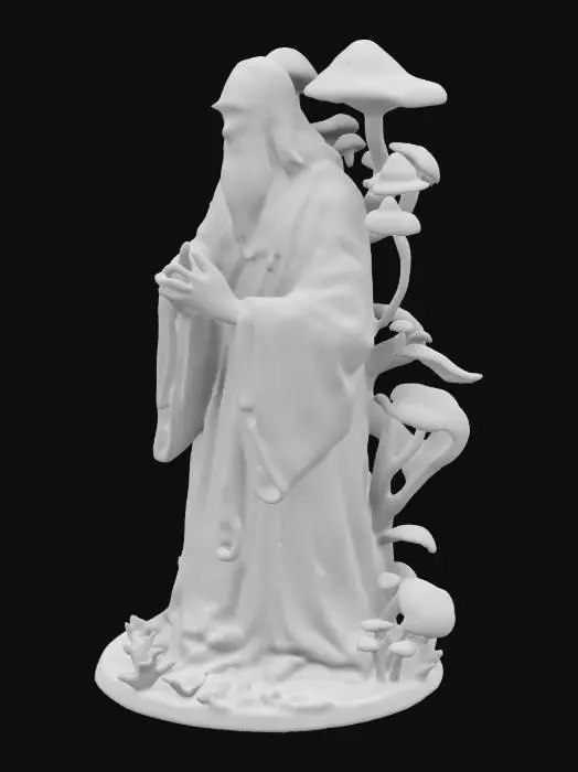 3D model for A holy saint in robes kneeling with their palms open with mushrooms sprouting all over them