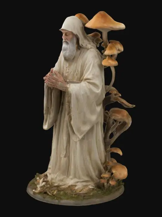 3D model for A holy saint in robes kneeling with their palms open with mushrooms sprouting all over them