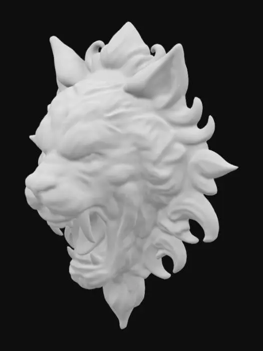 3D model for an intricately carved wooden wall bust of a demon tiger head, highly detailed, wall bust,