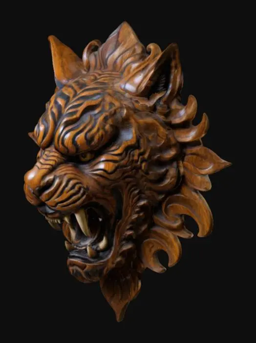 3D model for an intricately carved wooden wall bust of a demon tiger head, highly detailed, wall bust,