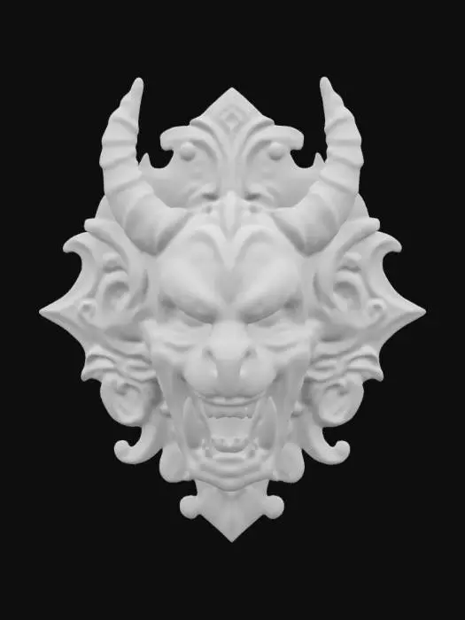 3D model for an intricately carved wooden wall bust of a demon head, highly detailed, wall bust,