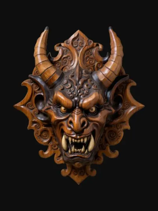 3D model for an intricately carved wooden wall bust of a demon head, highly detailed, wall bust,