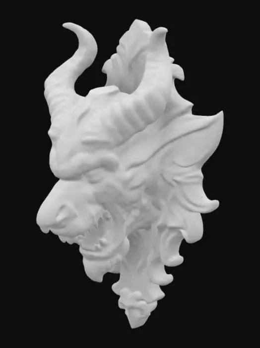 3D model for an intricately carved wooden wall bust of a demon head, highly detailed, wall bust, ars goetia
