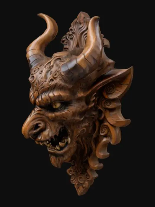 3D model for an intricately carved wooden wall bust of a demon head, highly detailed, wall bust, ars goetia