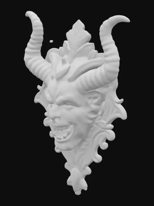 3D model for an intricately carved wooden wall bust of a demon head, highly detailed, wall bust,