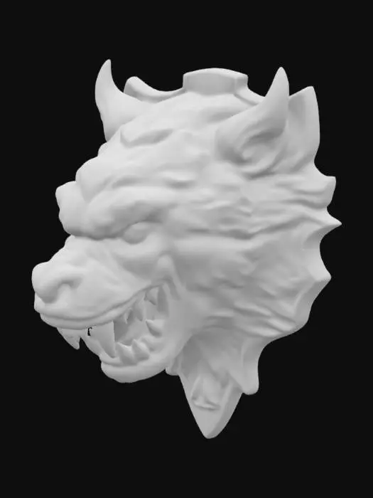 3D model for an intricately carved wooden wall bust of a demon bear head, highly detailed, wall bust,