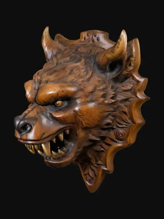 3D model for an intricately carved wooden wall bust of a demon bear head, highly detailed, wall bust,