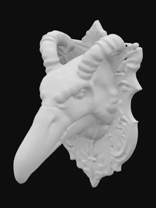 3D model for an intricately carved wooden wall bust of a demon goose head, highly detailed, wall bust,