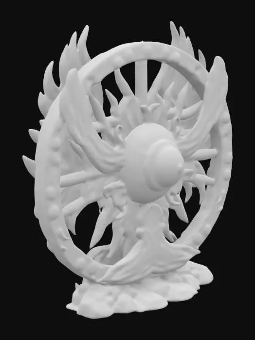 3D model for an intricately carved wooden sculpture of a flaming wheel with multiple eyes and wings, many eyeballs, highly detailed,