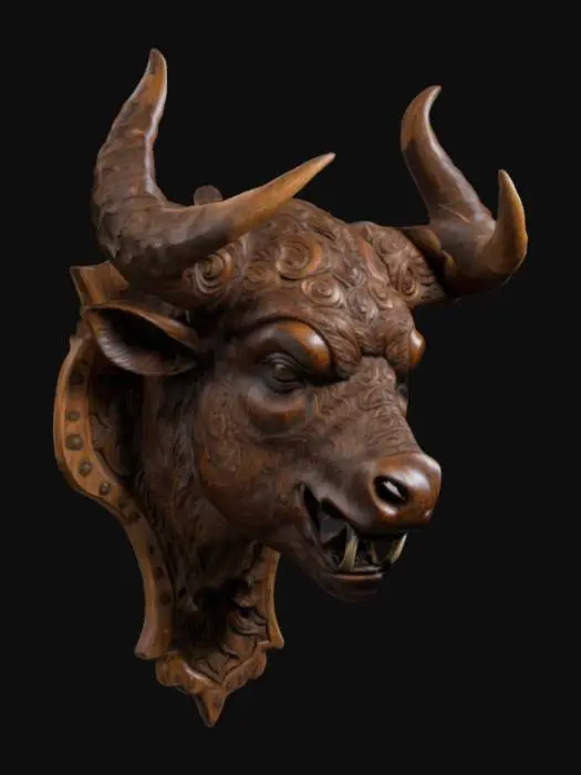 3D model for intricately carved wooden wall bust of a demonic buffalo