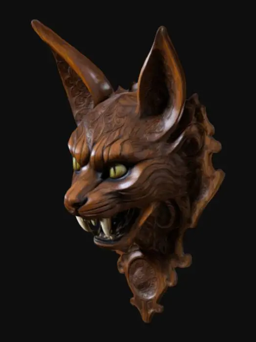 3D model for intricately carved wooden wall bust of a demonic cat