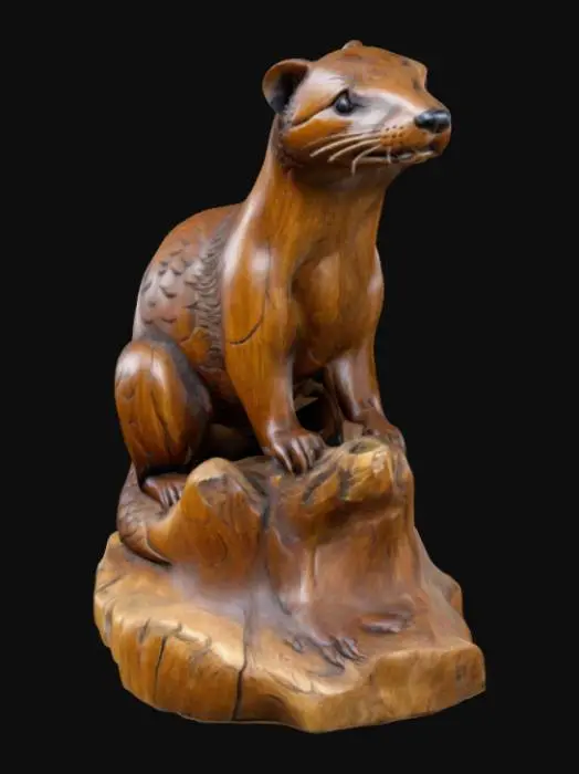 3D model for intricately carved wooden statue of a weasel sitting on a log
