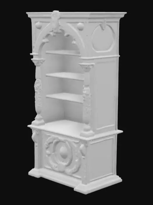 3D model for a gothic style bookcase, intricately carved, 