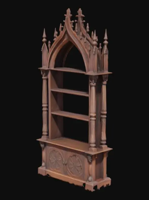 3D model for a gothic style bookcase, intricately carved, no books