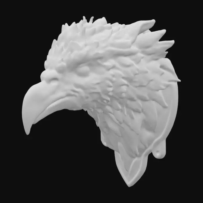 3D model for an intricately carved wooden wall bust of a vulture head, highly detailed 