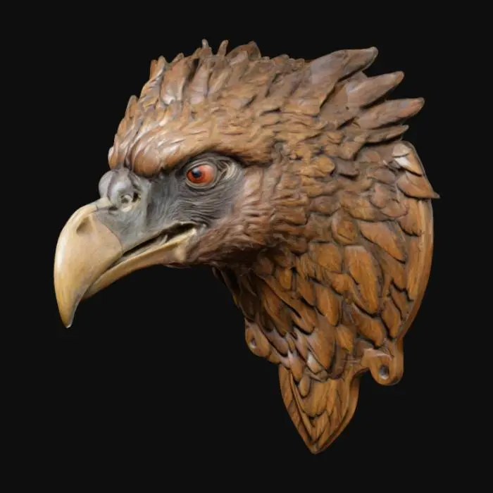 3D model for an intricately carved wooden wall bust of a vulture head, highly detailed 