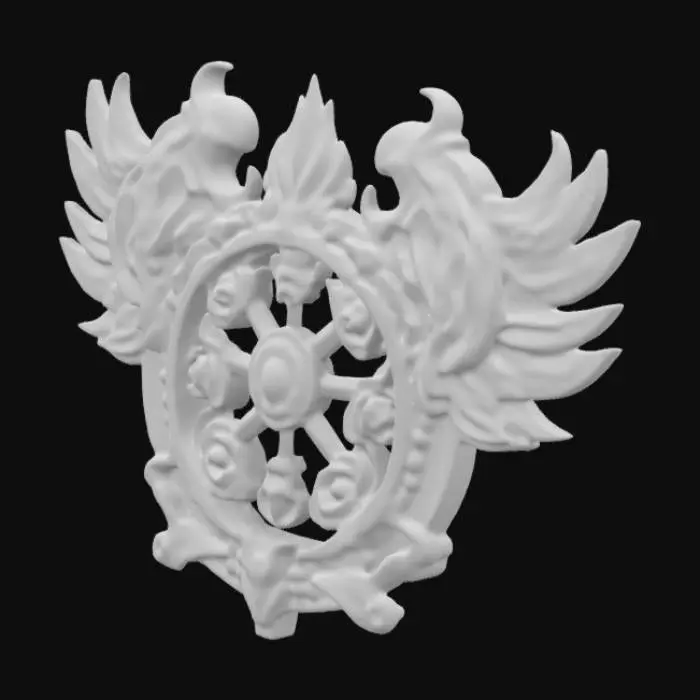 3D model for an intricately carved stone wall sculpture of a flaming wheel with multiple eyes and wings, many eyeballs, highly detailed,