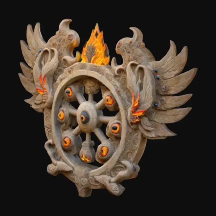 3D model for an intricately carved stone wall sculpture of a flaming wheel with multiple eyes and wings, many eyeballs, highly detailed,