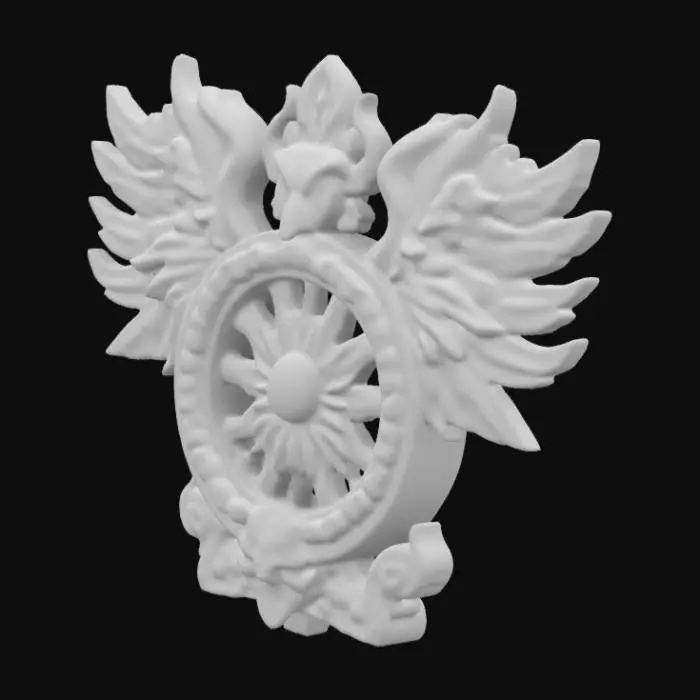 3D model for an intricately carved wooden sculpture of a flaming wheel with multiple eyes and wings, many eyeballs, highly detailed,